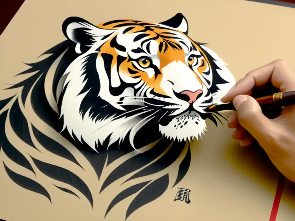 Un maestro calígrafo japonés pinta con destreza un majestuoso tigre en el estilo sumie, mostrando la influencia de la caligrafía japonesa de animales naturaleza en la cultura popular