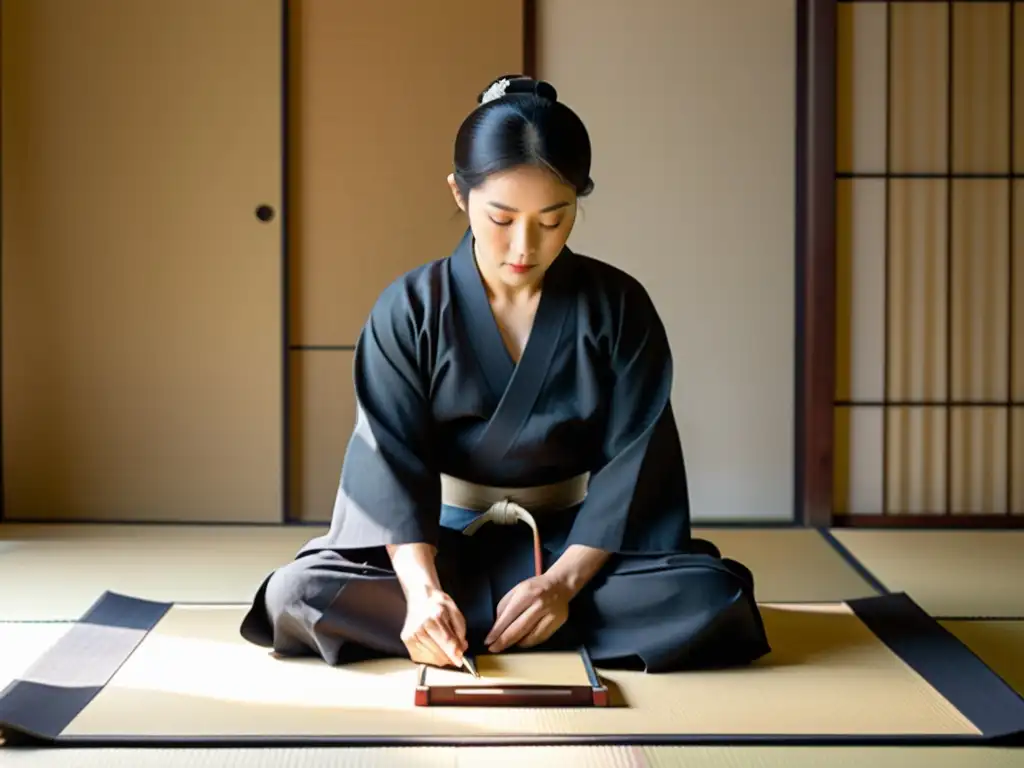 Maestro calígrafo japonés en era digital, concentrado en trazos delicados sobre tatami iluminado por luz natural