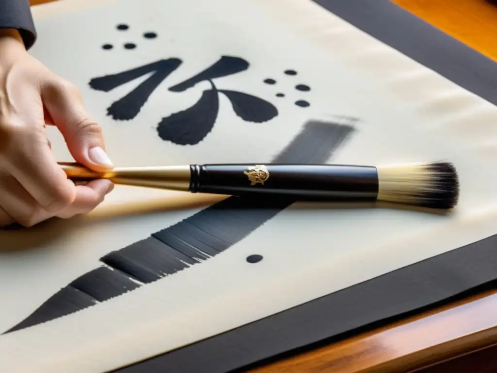 Un maestro calígrafo japonés maneja con gracia un pincel tradicional sobre papel washi, creando una obra de arte con tinta sumi