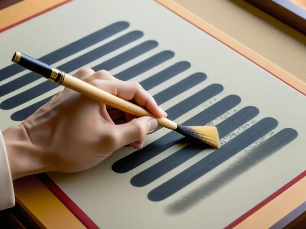 Maestro calígrafo japonés pintando un kanji con precisión en papel washi, capturando la serena concentración y la belleza de la caligrafía japonesa