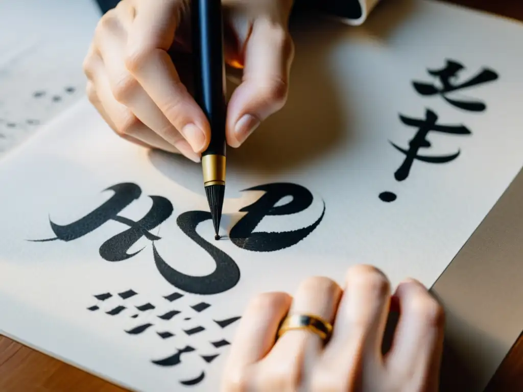 Un maestro calígrafo japonés traza con precisión las letras en papel blanco con tinta negra, mostrando la filosofía detrás de la caligrafía japonesa