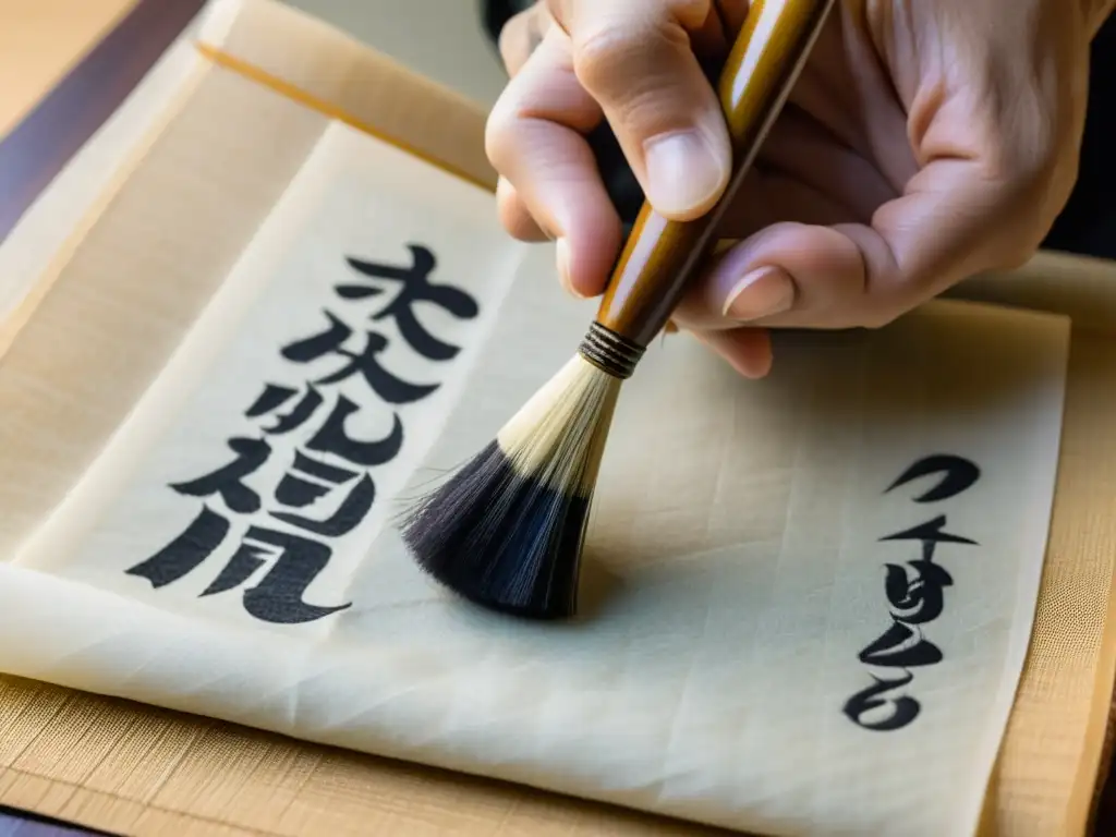 Maestro calígrafo japonés en plena inversión en caligrafía, con pincel y papel de arroz