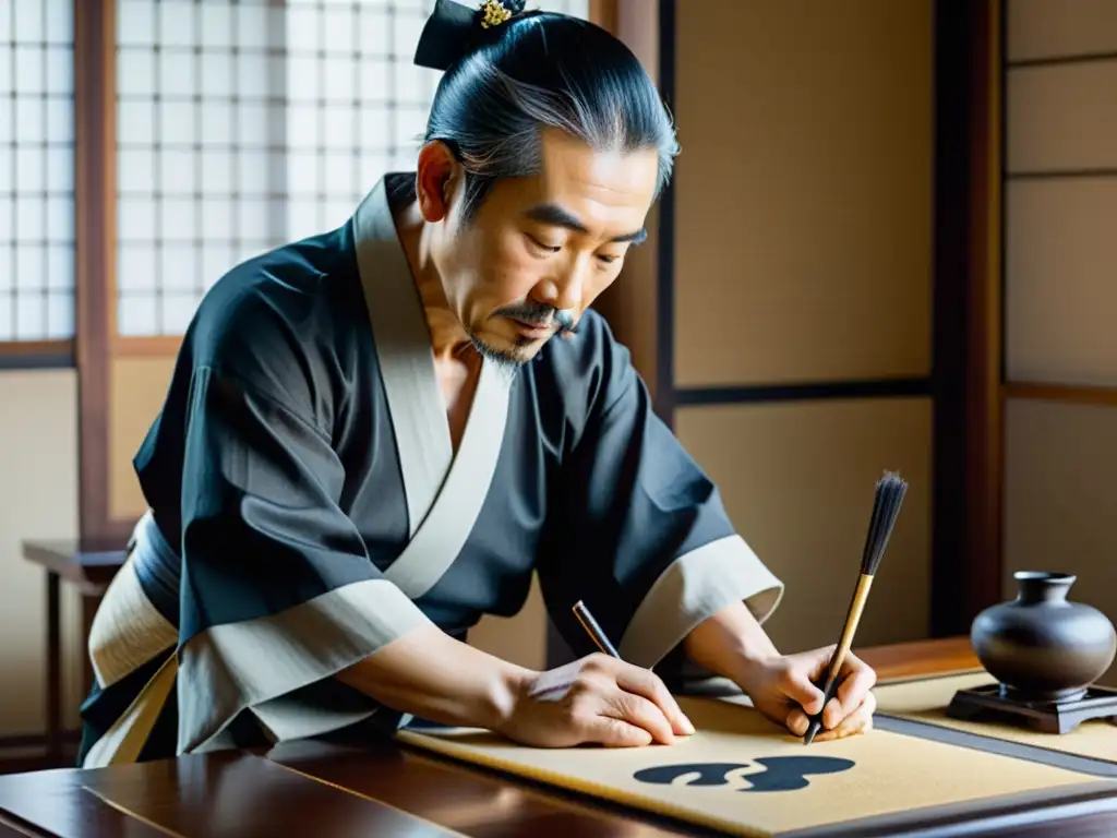 Un maestro calígrafo japonés crea con precisión en un estudio sereno, evocando la 'Inversión en caligrafía japonesa'