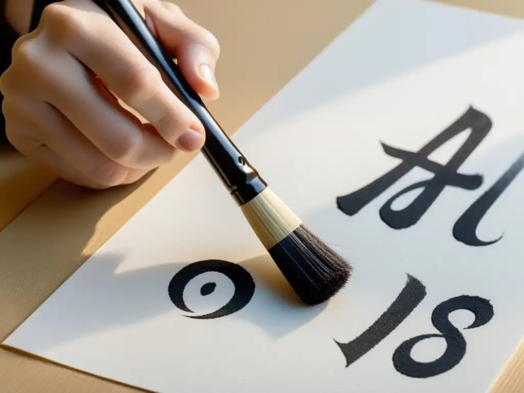 Un maestro calígrafo japonés pintando trazos precisos en papel washi blanco, destacando la elegancia de la caligrafía minimalista japonesa