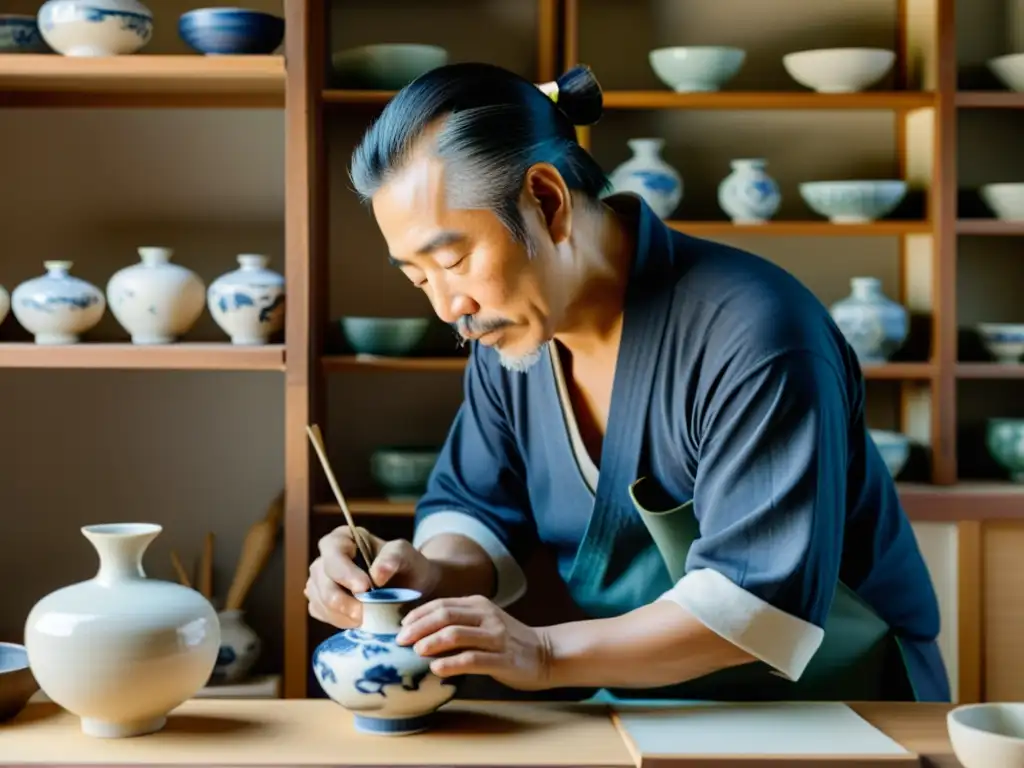 Un maestro de la cerámica japonesa moldea con cuidado una delicada vasija de porcelana en su sereno estudio, rodeado de piezas bellamente elaboradas