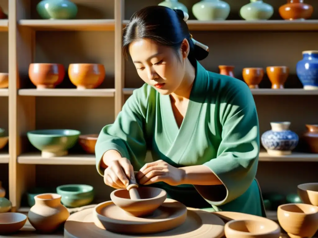 Maestro ceramista coreano moldeando una pieza de cerámica Koryo, rodeado de herramientas y esmaltes vibrantes en su estudio soleado