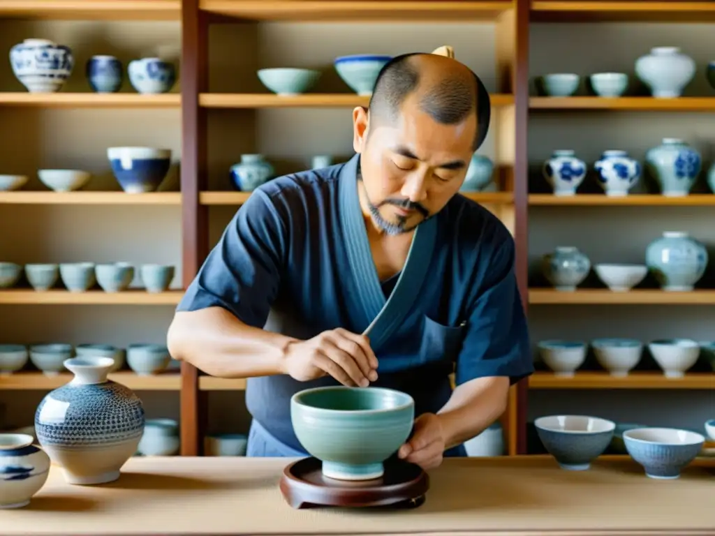 Un maestro ceramista japonés moldea una delicada vasija de porcelana en su estudio soleado, rodeado de piezas meticulosamente elaboradas