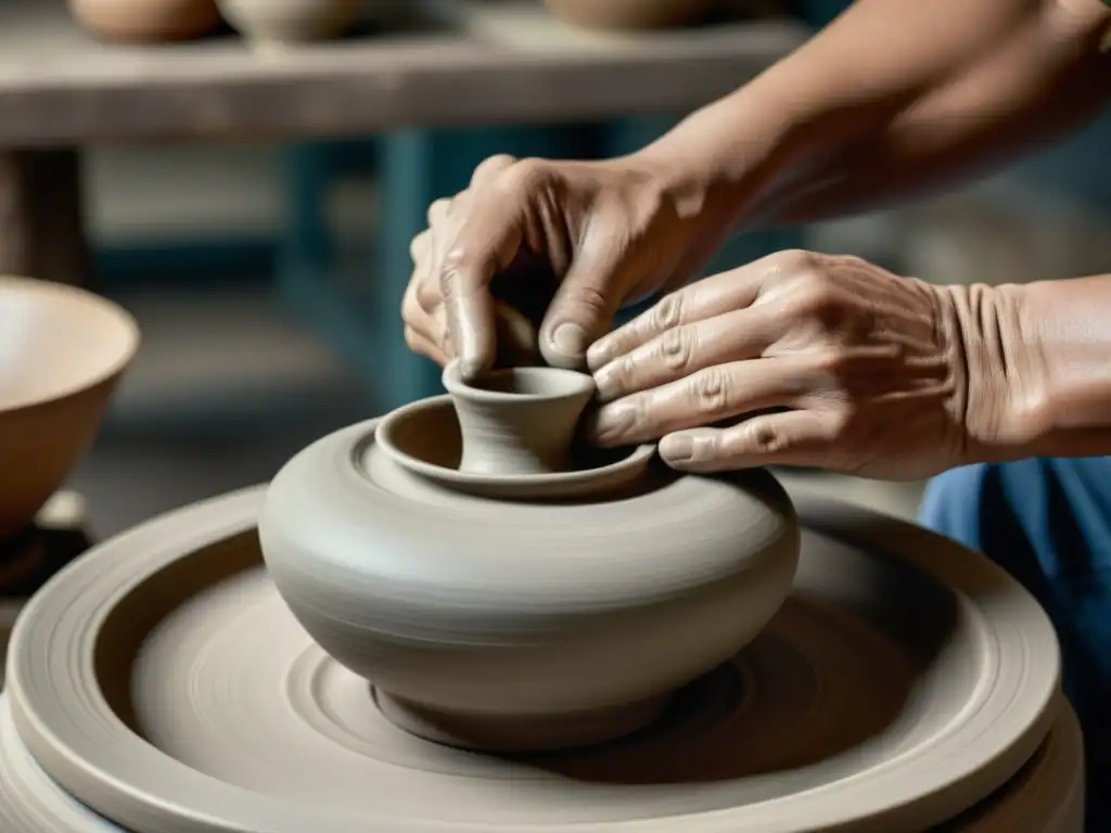 Un maestro ceramista moldea una vasija asiática tradicional en el torno, capturando la esencia de la innovación en la cerámica asiática tradicional con sus manos expertas y la luz suave del estudio