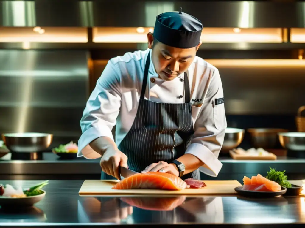 Un maestro chef asiático revolucionando la cocina de lujo, cortando sashimi con precisión y maestría en un elegante restaurante