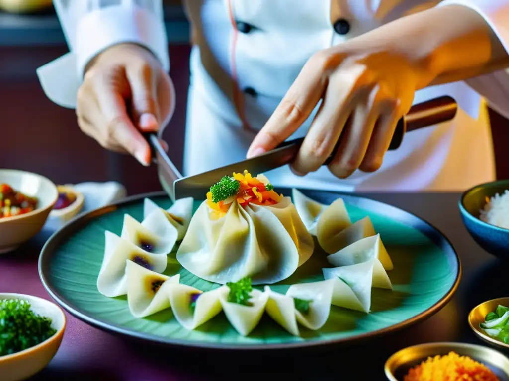 Un maestro chef asiático expertamente preparando dumplings, mostrando la influencia del arte culinario asiático en cada pliegue