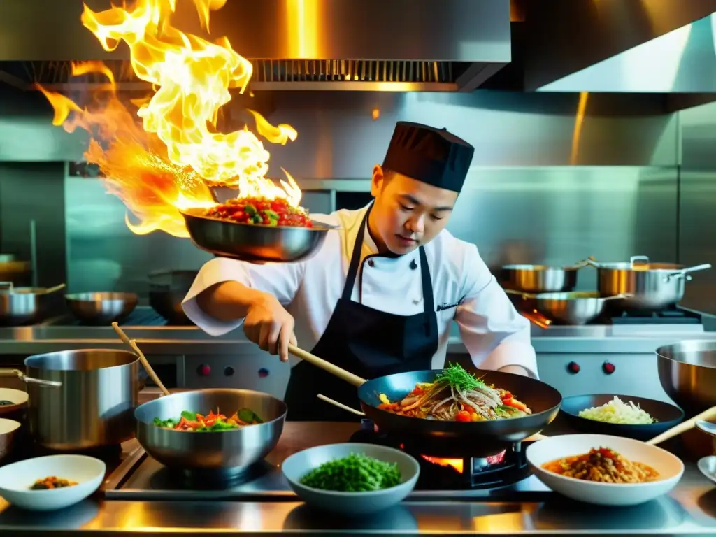 Un maestro chef chino prepara un exquisito plato en una cocina de alta gama, rodeado de ingredientes frescos y coloridos