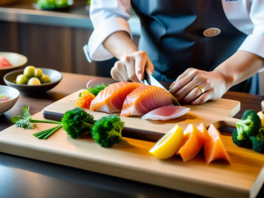 Un maestro chef corta con precisión sashimi en una cocina asiática tradicional, rodeado de ingredientes frescos y utensilios culinarios