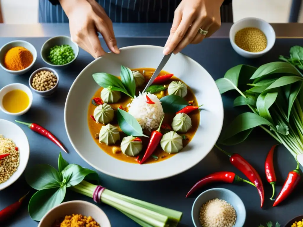 Un maestro chef prepara con destreza un plato tradicional tailandés en una bulliciosa cocina llena de coloridos ingredientes aromáticos