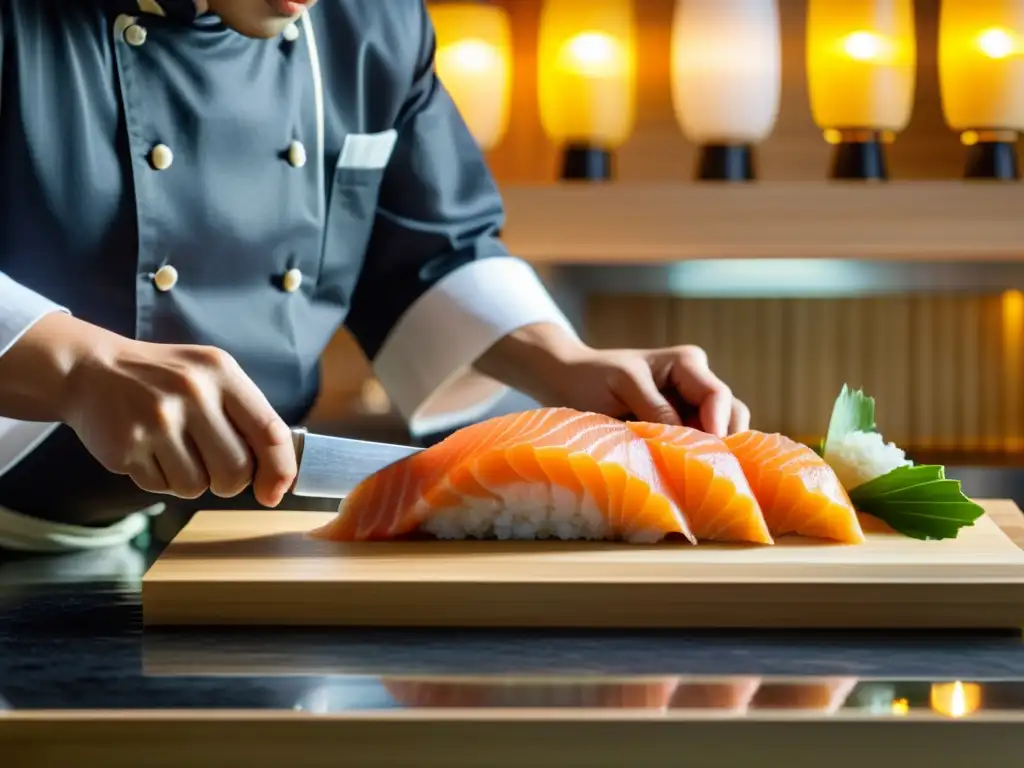 Un maestro chef japonés corta sashimi con precisión en una cocina serena