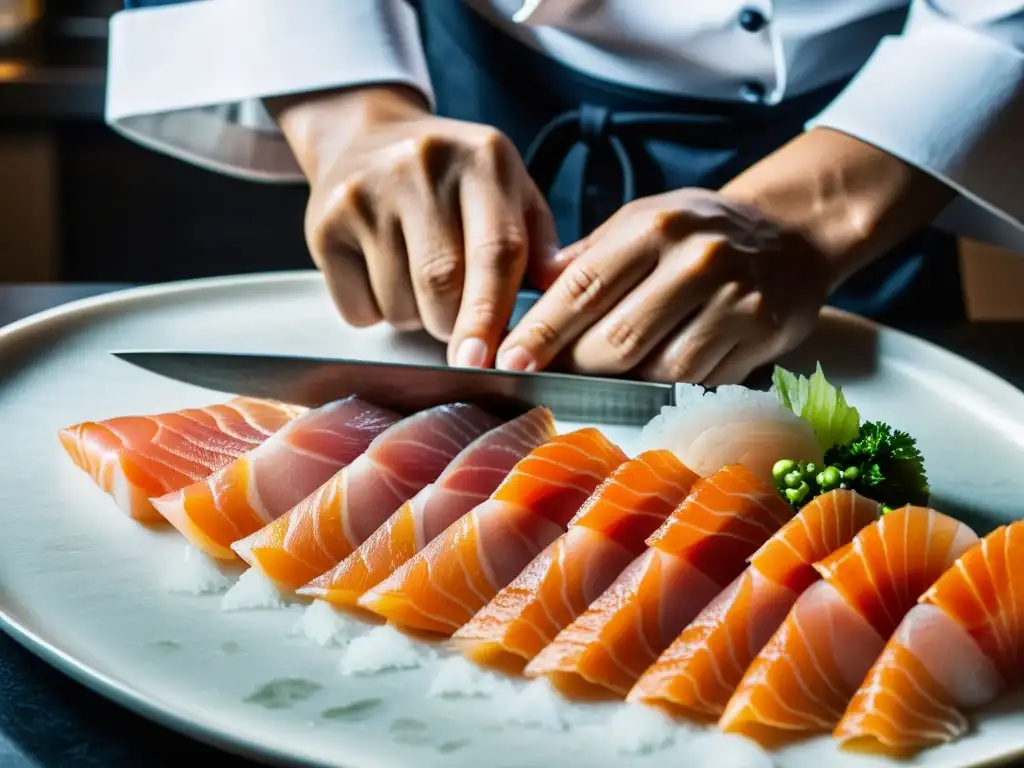 Un maestro chef japonés corta meticulosamente sashimi, mostrando técnicas de cocina asiática internacional con precisión y arte