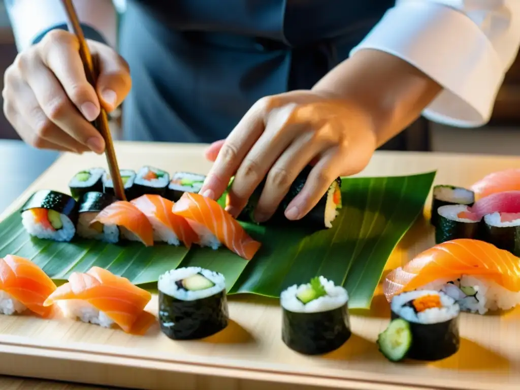 Un maestro chef ensambla con precisión un exquisito plato de sushi en una cocina de alta gama