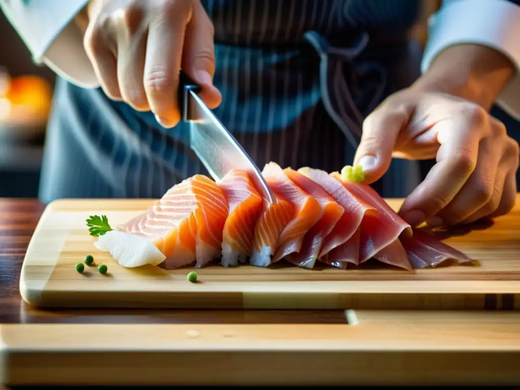 Un maestro chef corta sashimi con precisión, exhibiendo técnicas culinarias japonesas