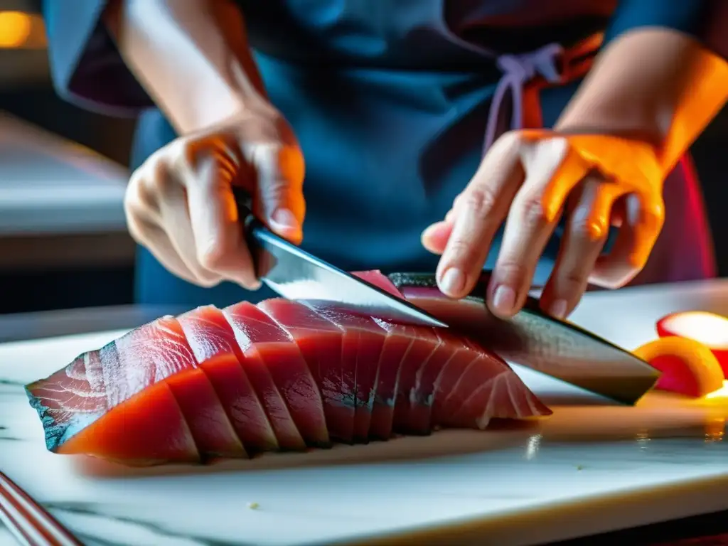 El maestro chef de sushi corta con precisión un fresco atún, mostrando la maestría de la cocina asiática contemporánea