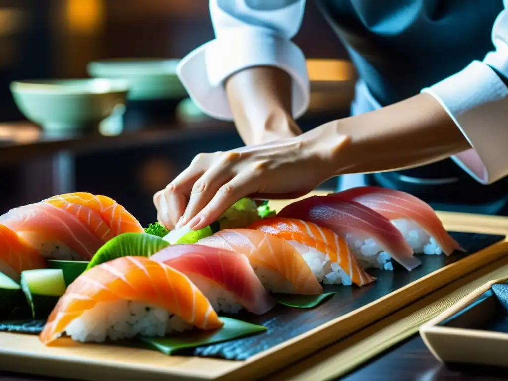 Un maestro chef de sushi corta con precisión una pieza de sashimi fresco