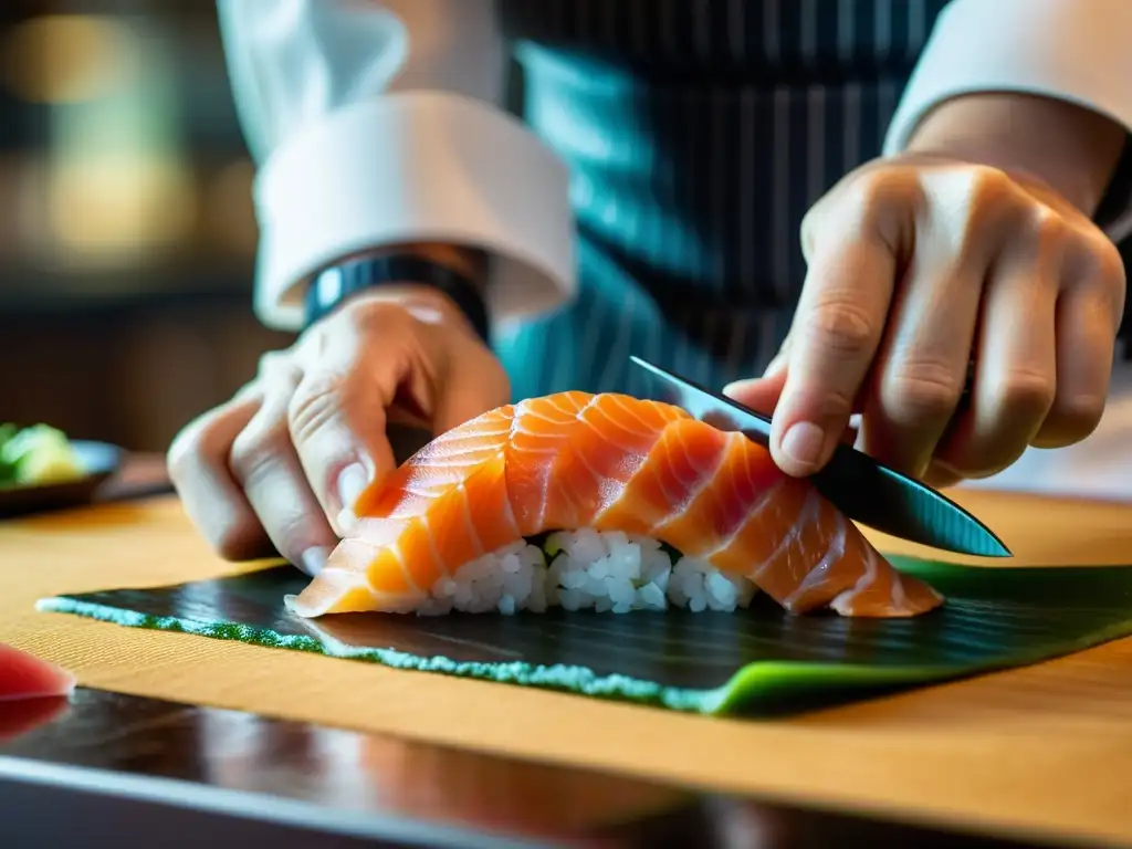 Un maestro chef de sushi corta sashimi con precisión en un restaurante japonés, evocando restaurantes con Estrellas Michelin orientales