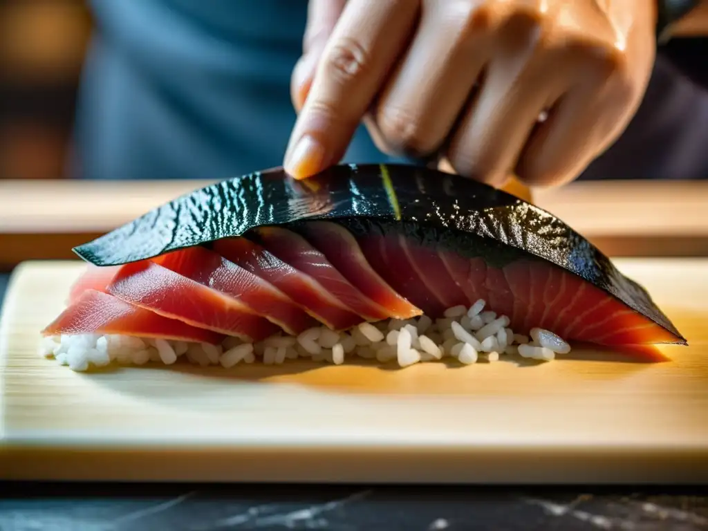 Un maestro chef de sushi corta con maestría un trozo de toro marmoleado en un lujoso restaurante japonés