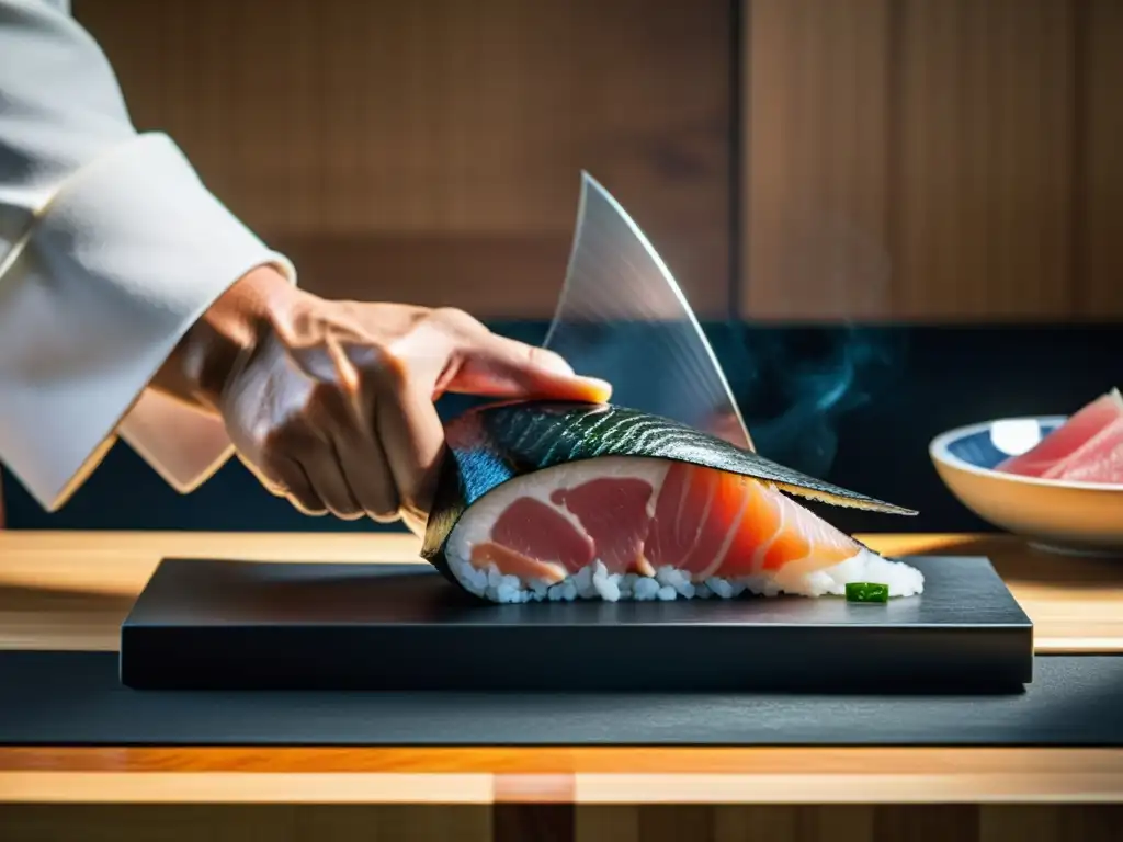 Un maestro chef de sushi corta cuidadosamente un trozo de atún fresco en una cocina japonesa minimalista