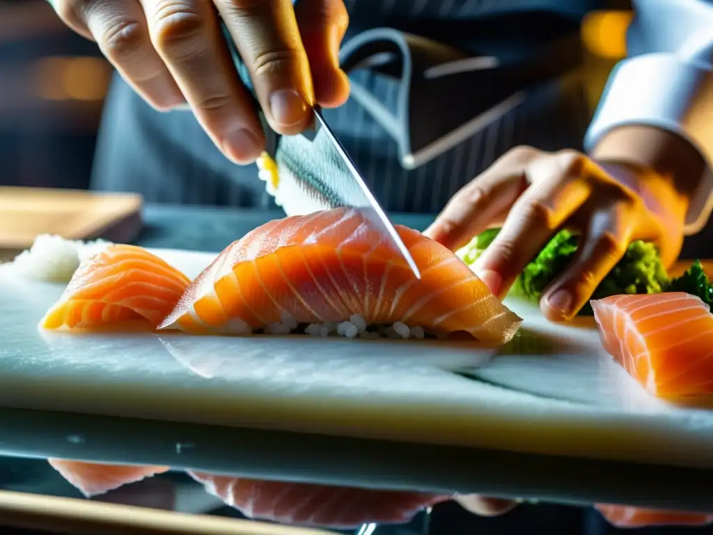 Un maestro chef de sushi corta con precisión una pieza de sashimi glistenante