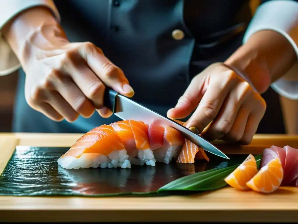 Un maestro chef de sushi corta con precisión una pieza de sashimi fresco, mostrando técnicas innovadoras de Restaurantes Estrellas Michelin asiáticos