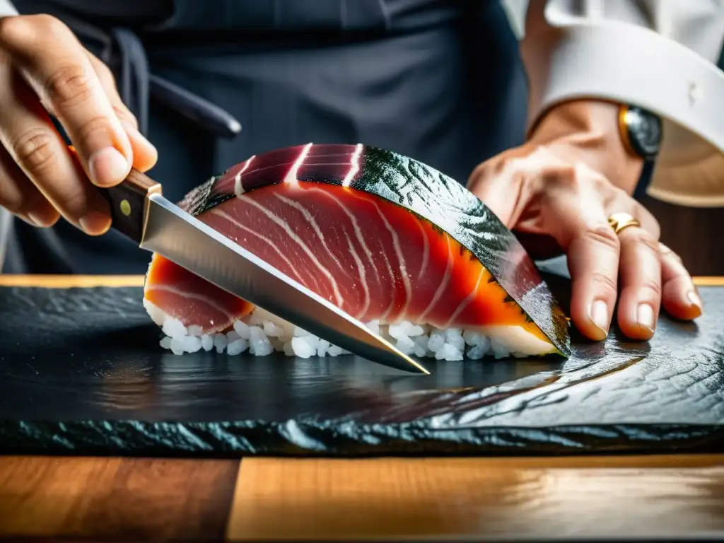 El maestro chef de sushi corta con precisión un lujoso atún, transmitiendo arte y destreza en la creación de sushi de lujo arte comestible