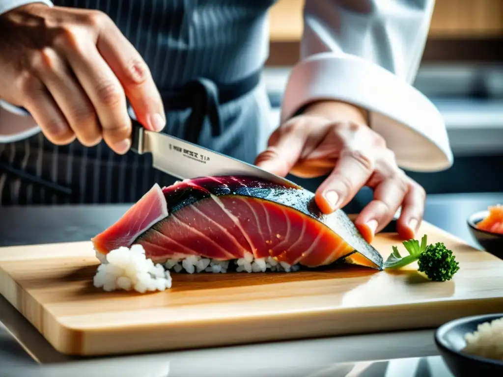 Un maestro chef de sushi corta con delicadeza un trozo de atún fresco, mostrando la influencia del arte culinario asiático en su habilidad y enfoque