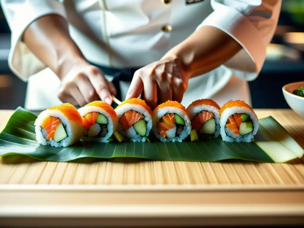 Un maestro chef de sushi crea con destreza un rollo de sushi de lujo arte comestible, mostrando elegancia y maestría en su elaboración