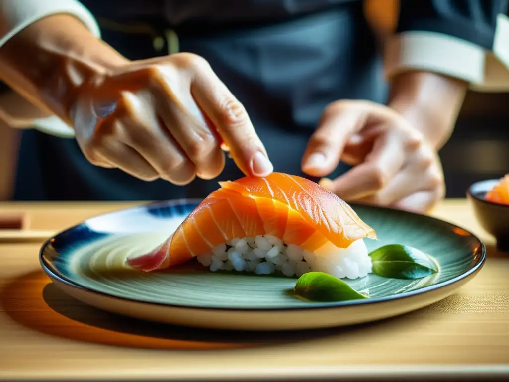 Un maestro chef de sushi coloca con destreza un trozo de sashimi en un plato de cerámica