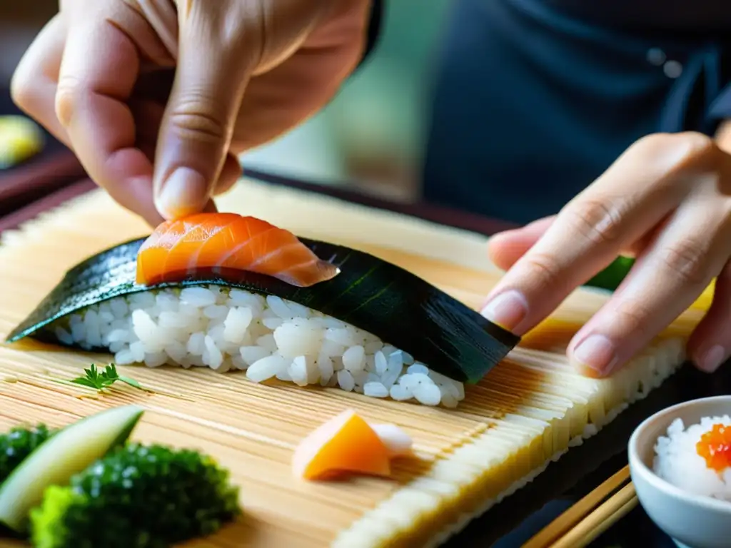 Un maestro chef de sushi con estrellas Michelin crea meticulosamente un exquisito nigiri, destacando la alta cocina asiática