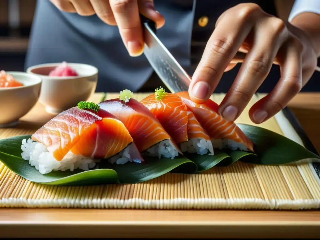 Un maestro chef de sushi coloca con precisión lonjas de atún y salmón sobre arroz sazonado