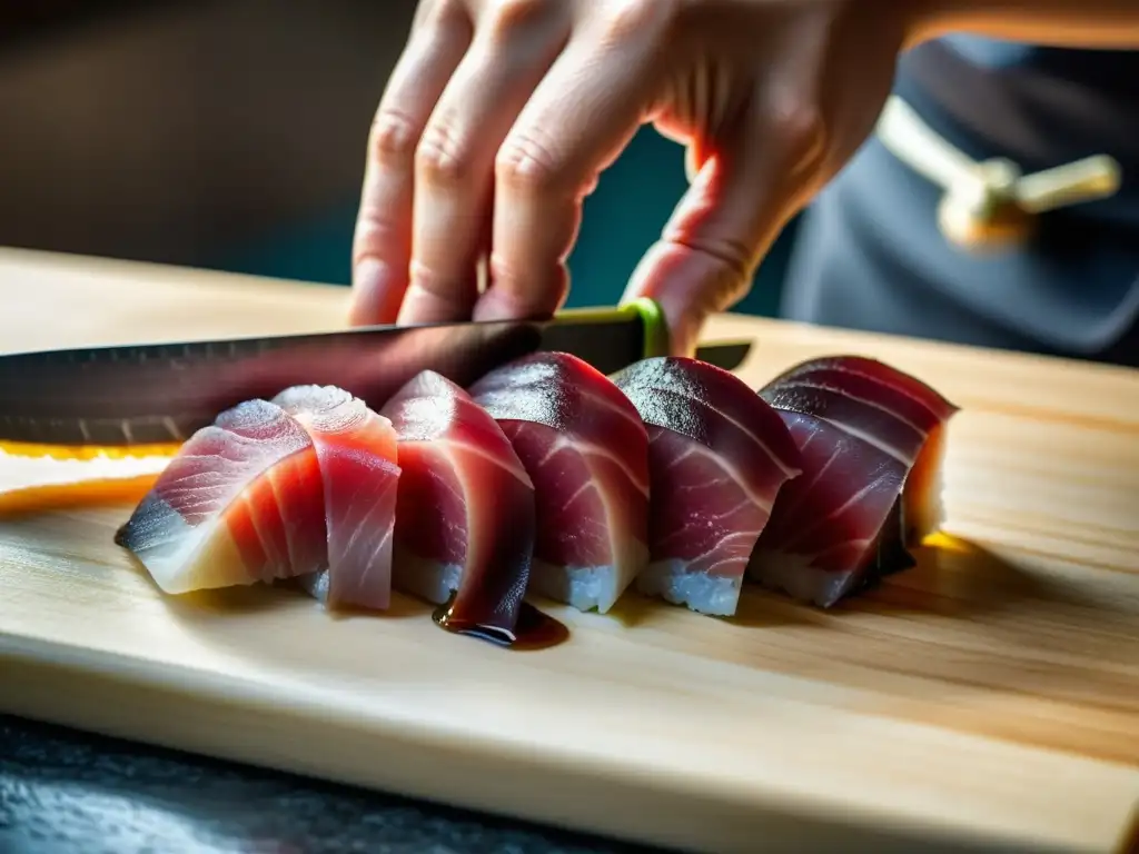 Un maestro chef de sushi de la nueva generación asiática corta meticulosamente toro sashimi con precisión, reflejando siglos de tradición culinaria