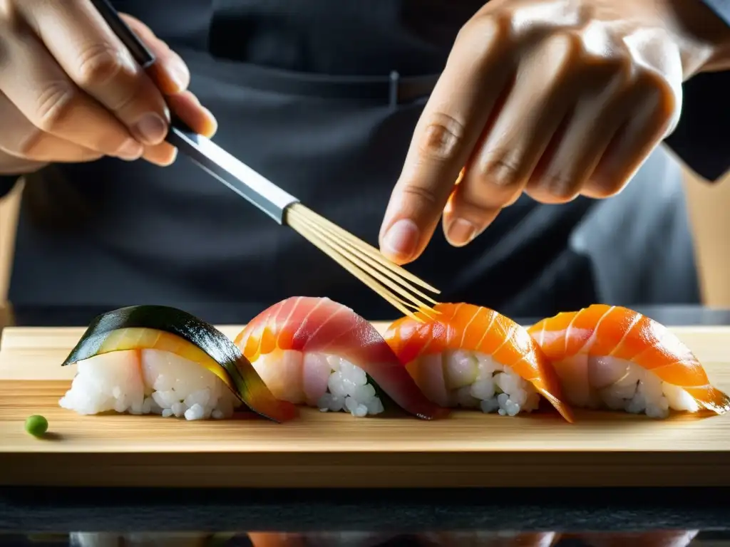 Un maestro chef de sushi en un restaurante de Estrellas Michelin cocina asiática, aplicando con precisión una pincelada de salsa de soja al nigiri