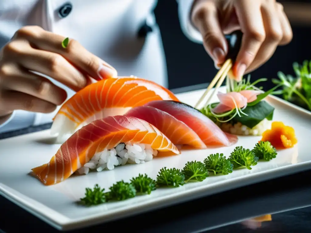 Maestro Sushi: Sashimi de Alta Precisión Un maestro chef de sushi coloca delicadamente sashimi en un plato blanco