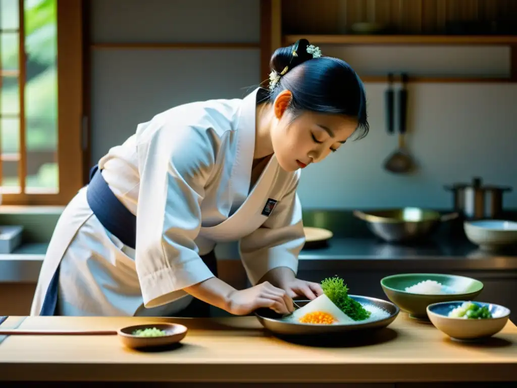 Un maestro chef en un tranquilo y tradicional cocina japonesa prepara una receta ancestral con serenidad y precisión