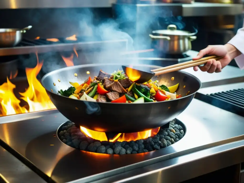 Un maestro chef utiliza un wok chino tradicional sobre fuego intenso, creando alta gama culinaria china con destreza y energía