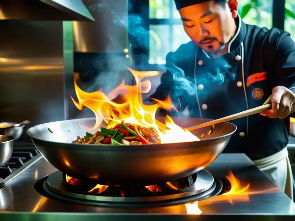 Un maestro chef maniobra hábilmente un wok sazonado sobre llamas ardientes en una cocina china tradicional de alta gama