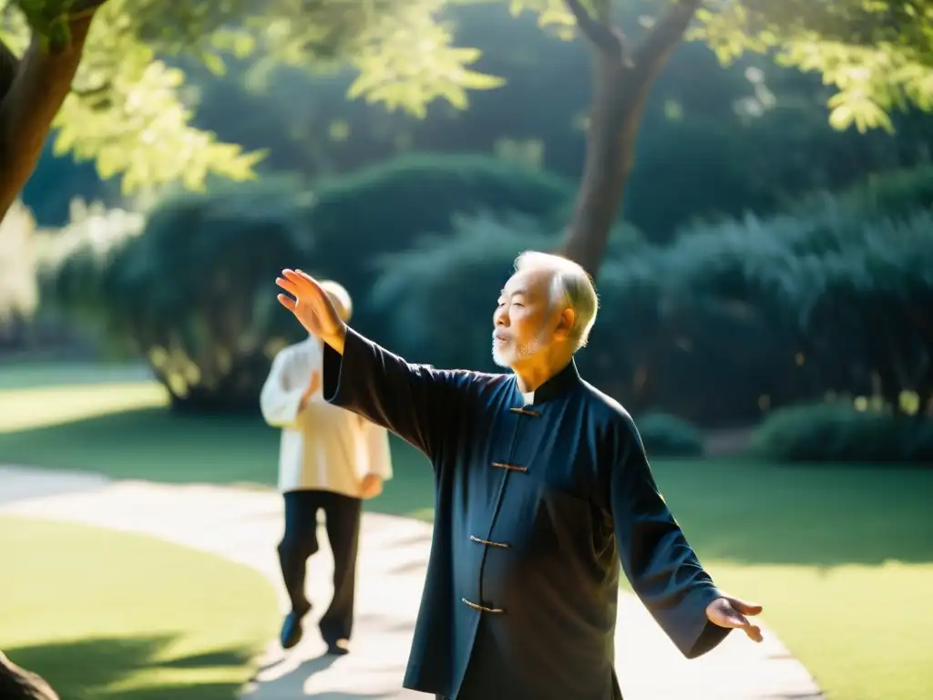 Un maestro de Tai Chi anciano en túnicas guía a un grupo de principiantes en movimientos meditativos en un jardín tranquilo