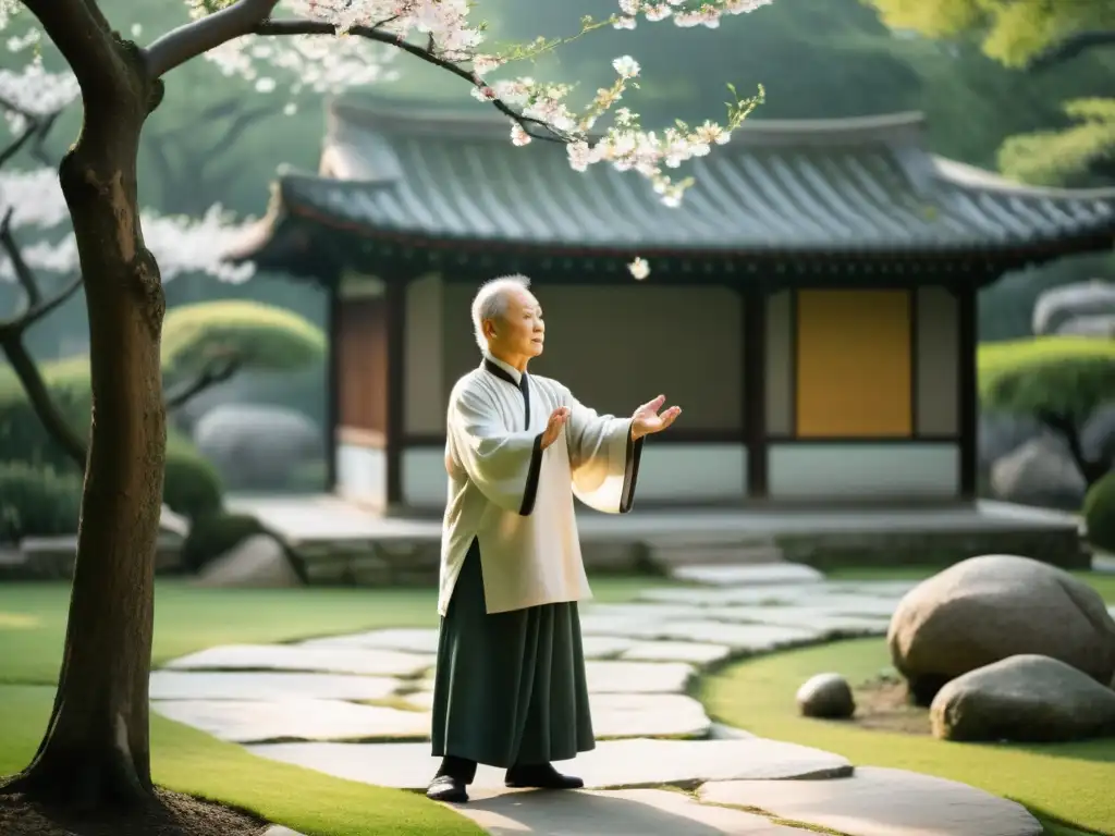 Un maestro de Tai Chi anciano, vistiendo túnicas tradicionales, ejecuta movimientos lentos y delicados en un jardín sereno y brumoso