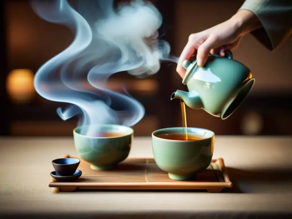 El maestro del té chino realiza una ceremonia tradicional con detalle y destreza, creando una atmósfera serena y cautivadora