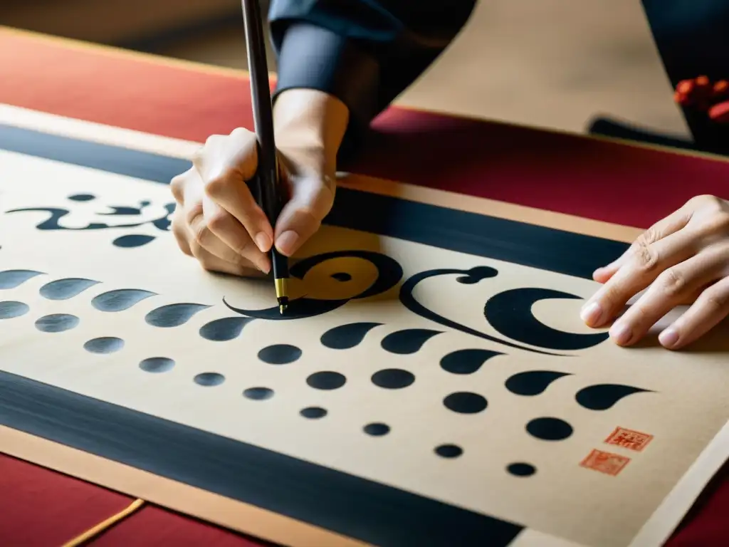 Un maestro calígrafo chino aplica con destreza tinta a un pergamino enorme, mostrando la importancia de la caligrafía en la arquitectura china