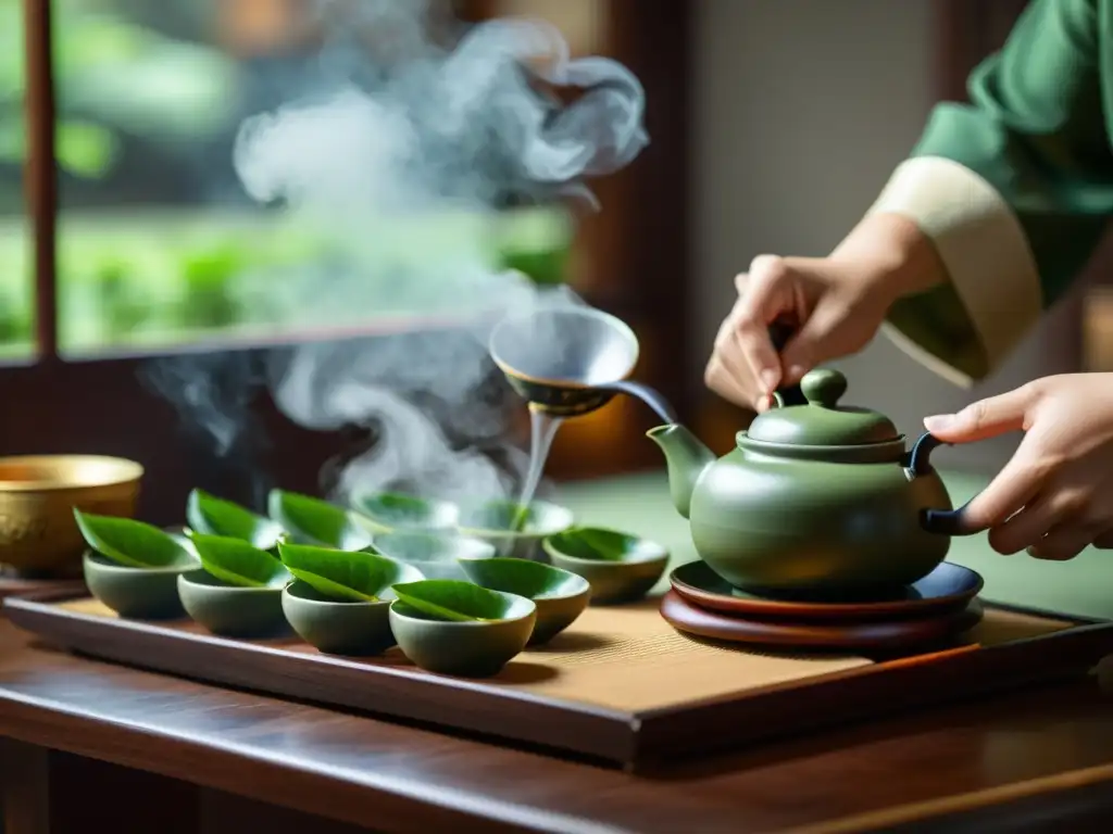 Un maestro de té chino prepara meticulosamente té en una hermosa habitación decorada