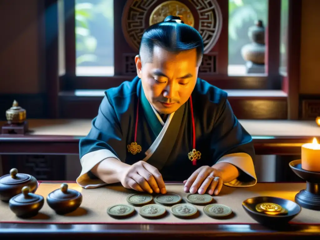 Un maestro de feng shui chino arregla monedas y símbolos de prosperidad en una habitación iluminada por la luz del sol