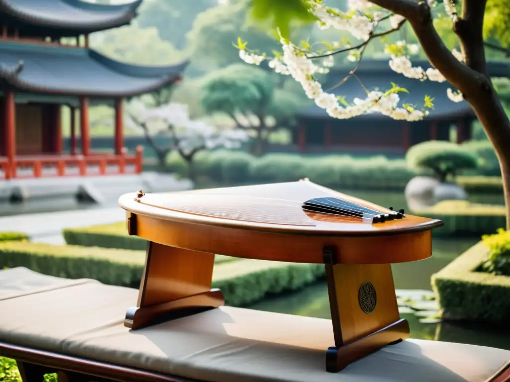 Un maestro toca con precisión el guzheng chino en un jardín tradicional, destacando la historia del guzheng chino y su herencia cultural