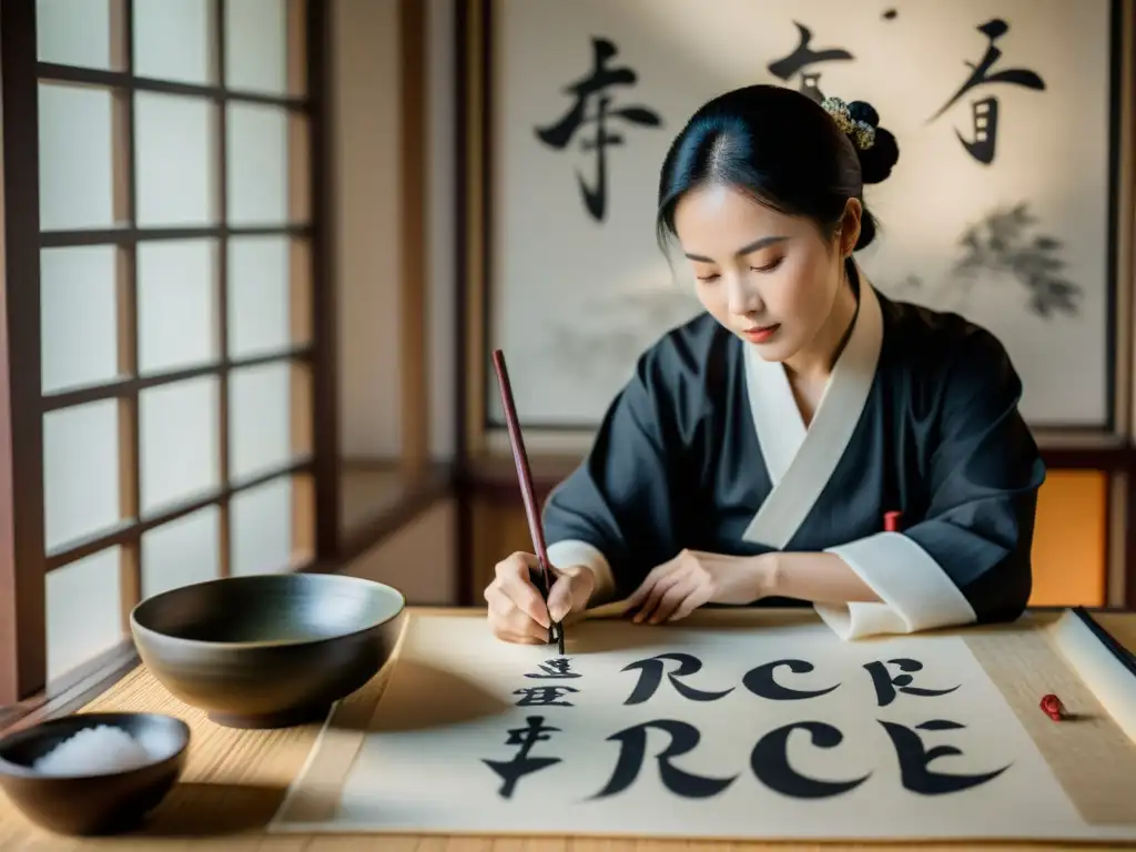 Un maestro calígrafo chino viste atuendo tradicional, con luz natural en su estudio, creando intrincadas letras en papel de arroz