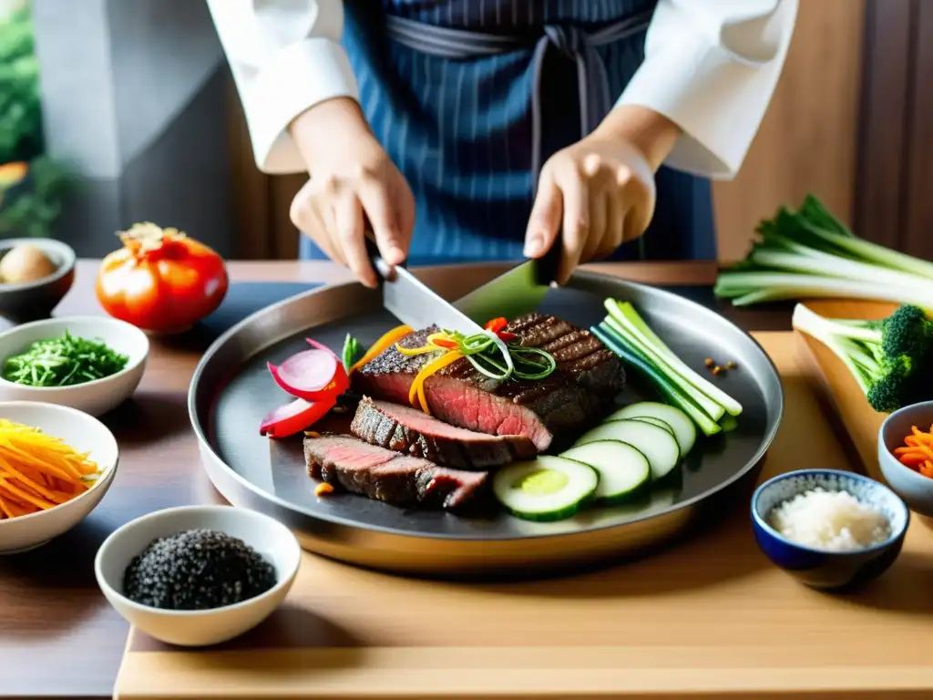 Un maestro cocinero prepara una receta tradicional japchae en una cocina coreana tradicional con ingredientes frescos y coloridos