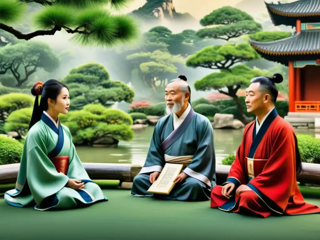 Un maestro confuciano enseña sabiduría a sus estudiantes en un jardín tranquilo, reflejando los Principios Confucianos en la Educación